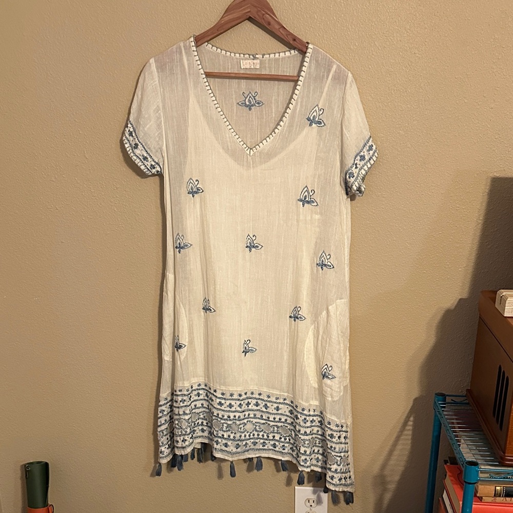 LulaSoul White and Blue Embroidered Airy bohemian Dress